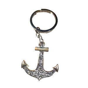 Ship Boat Anchor Keychain Rhinestone Silver Copper Tone Used